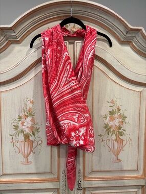 J. McLaughlin Silk Red Paisley Wrap Top Size M
